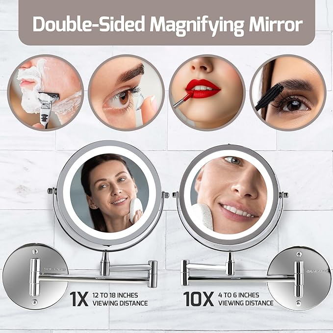 OVENTE 7" Lighted Wall Mount Makeup Mirror with 1X/10X Magnification, Cordless Double Sided Magnifying Round Vanity Mirror, 360° Swivel Design, Extendable and Folding Arm, Polished Chrome MFW70CH1X10X