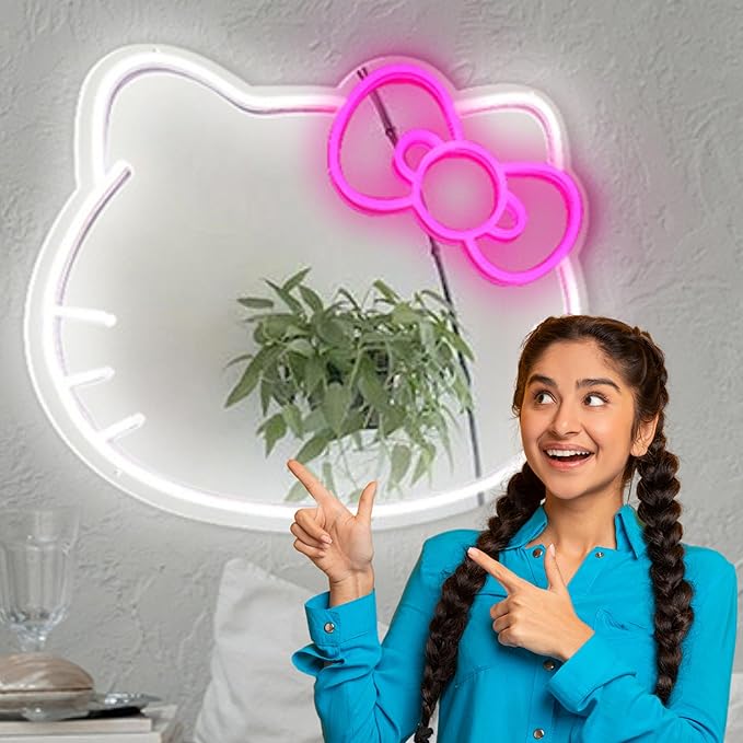 Anime Mirror 13.3 x 16.14 Inches Vanity Mirror with Lights Cat Design Bedroom Wall Mirror Girls Makeup Kitty Mirror with Lights Neon Sign Gift Mirror