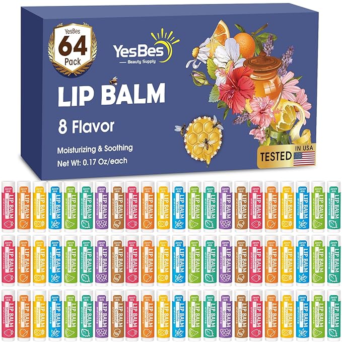64 Pack Lip Balm, Natural Lip Balm Bulk with Vitamin E and Coconut Oil, Moisturizing Lip Balms for Dry Cracked Lips, Lip Balms for Stocking Stuffers - 8 Flavors