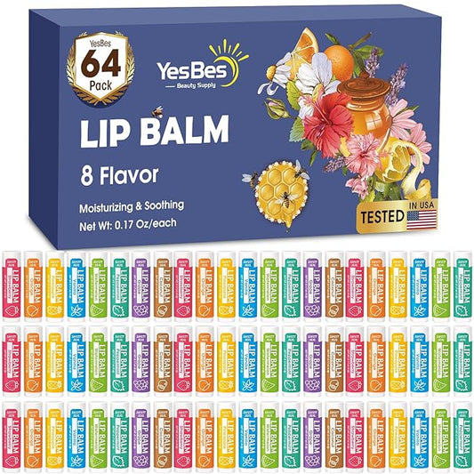 64 Pack Lip Balm, Natural Lip Balm Bulk with Vitamin E and Coconut Oil, Moisturizing Lip Balms for Dry Cracked Lips, Lip Balms for Stocking Stuffers - 8 Flavors