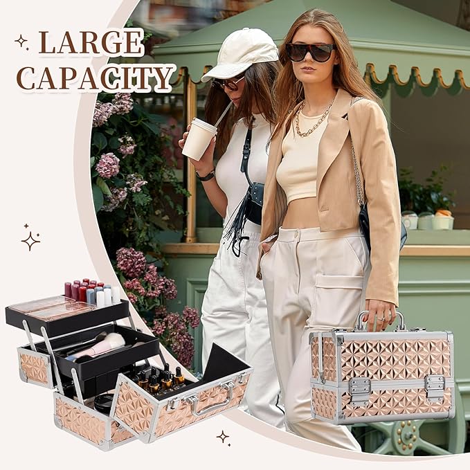 Leeora&Leekoo Makeup Train Case Cosmetic Box Portable Makeup Case Organizer 2 Trays Makeup Storage with Mirror for Cosmetologist Aesthetic Supplies Nail Tech Traveling Makeup Box (Rose Gold)