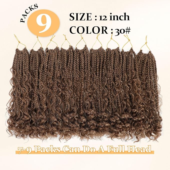 9 Packs Goddess Box Braids Crochet Hair Boho Crochet Box Braids With Curly Ends Crochet Hair For Black Women, 12 Inch Pre Looped Bohemian Crochet Box Braids Hair (12Inch 9 Packs,30#)