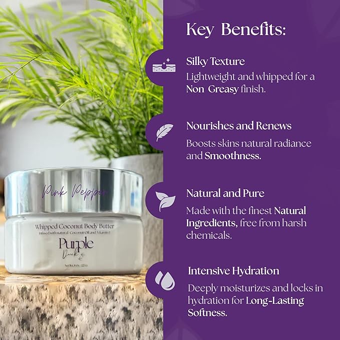 Thick Whipped Body Butter for Women – Moisturizer with Organic Coconut Oil, shea butter & Vitamin E – Silky Hydrating Body Butter for Soft, Smooth Skin - Pink Pepper 8 Oz