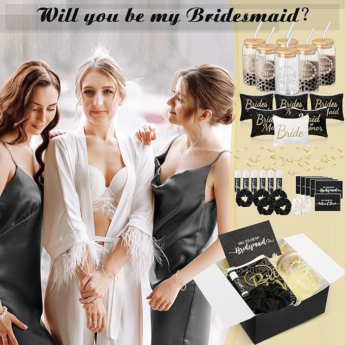 54 Pcs Bridesmaid Proposal Gifts Bridesmaid Box Set Include Bridal Shower Gift Box Makeup Bag Invited Card Glass Cup Lip Balm Scrunchie Hair Knotted Bracelet for Maid of Honor(Black, White)