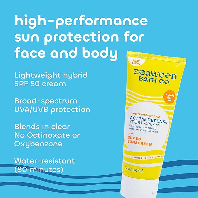 Seaweed Bath Co. Active Defense SPF 50 Sport Broad Spectrum Hybrid Sunscreen Cream, 3.4 Ounce, Sustainably Harvested Seaweed, Aloe, Watermelon
