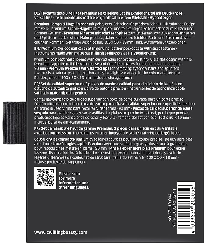 ZWILLING TWINOX Manicure Pedicure Set 3-Piece Made of 100% Cowhide with Push Button Closure, Black