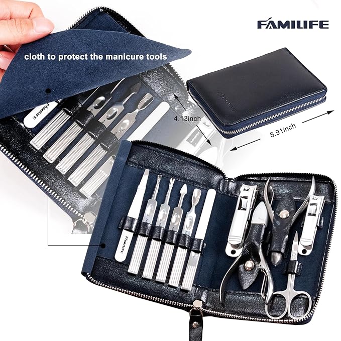 Manicure Kit, FAMILIFE Professional Manicure Set Nail Kit, 11 in 1 Stainless Steel Nail Clippers Set for Men Pedicure Kit, Men Grooming Kit with Portable Blue Leather Travel Case Luxury Gifts for Him