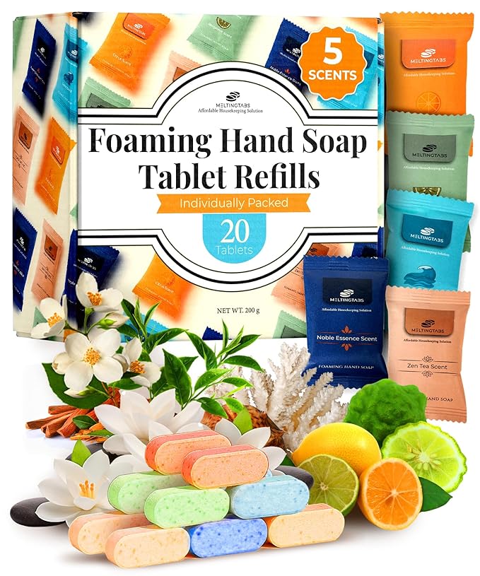 Assorted Foaming Hand Soap Tablets – 20 Tablets in 5 Scents (Citrus, Bergamot, Ocean, Noble Essence, Zen Tea) – Individually Packed, Concentrated Soap Refill for Foam Dispensers