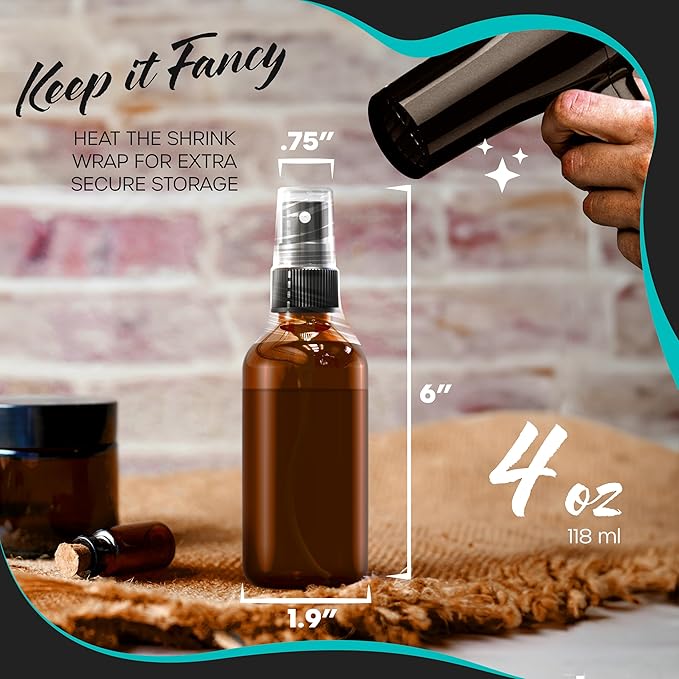 Nevlers 4 Oz Amber Glass Spray Bottles 3 Pack | Small Glass Spray Bottle Set with Shrink Wraps and Funnel | Leakproof Oil Spray Bottle and Spritzer Bottles for Hair, Body, & More