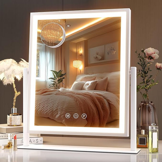 Hasipu Vanity Mirror with Lights, 12" x 14" LED Makeup Mirror, Light up Mirror with Smart Touch 3 Color Modes and Brightness Adjustment, 10X Magnifying Glass,360° Rotation
