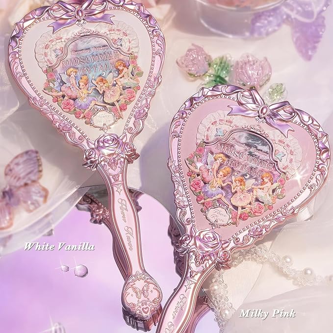 Flower Knows Strawberry Rococo Hand Mirror,Portable Vintage Handheld Mirror,Durable Metal Mirror,Cute & Aesthetic Princess Mirror,with Long Handle for Easy Holding,Gift for Girls(Milky Pink)