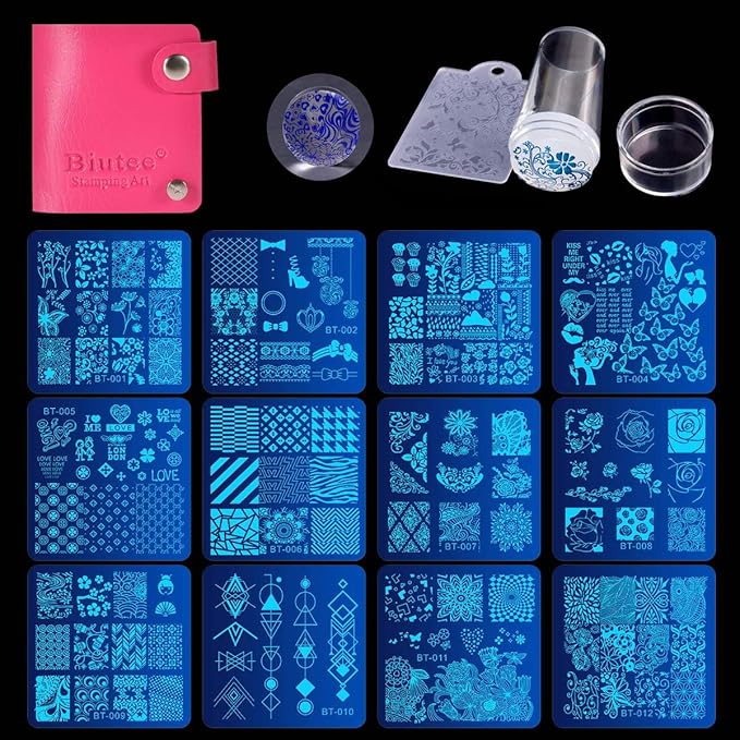 Biutee Nail Stamping Plates Set - 12pcs Templates, 8 Colors, Stamper, Scraper, Storage Bag - Animal & Flower Design Nail Art Plates