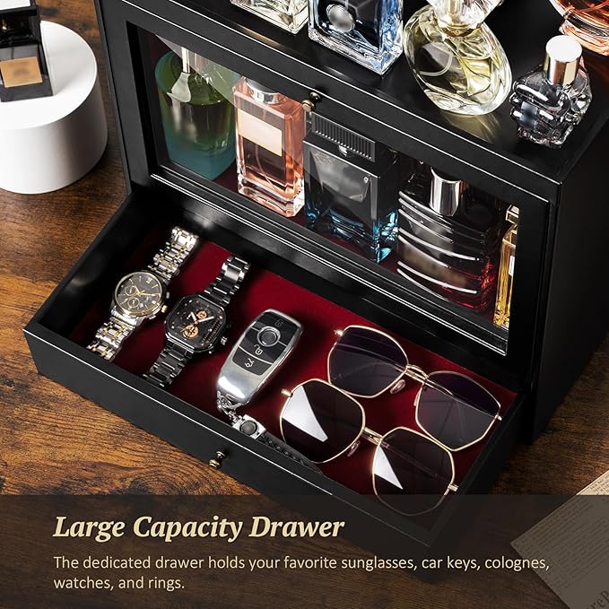 Cologne Organizer, Leather Perfumes Organizer for Dresser, Large Capacity Dustproof Cologne Holder with Drawer Storage Perfume Stand Organizer, Ideal Gift for Loved ones