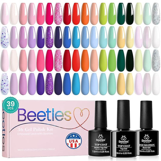 beetles Gel Polish Nail Set 36 Colors Floral Rhapsody Collection Pastel Bright Girly Sparkle Glitter Polish with 3Pcs Base Matte & Glossy Top Soak off Uv Lamp All Seasons Gifts for Her