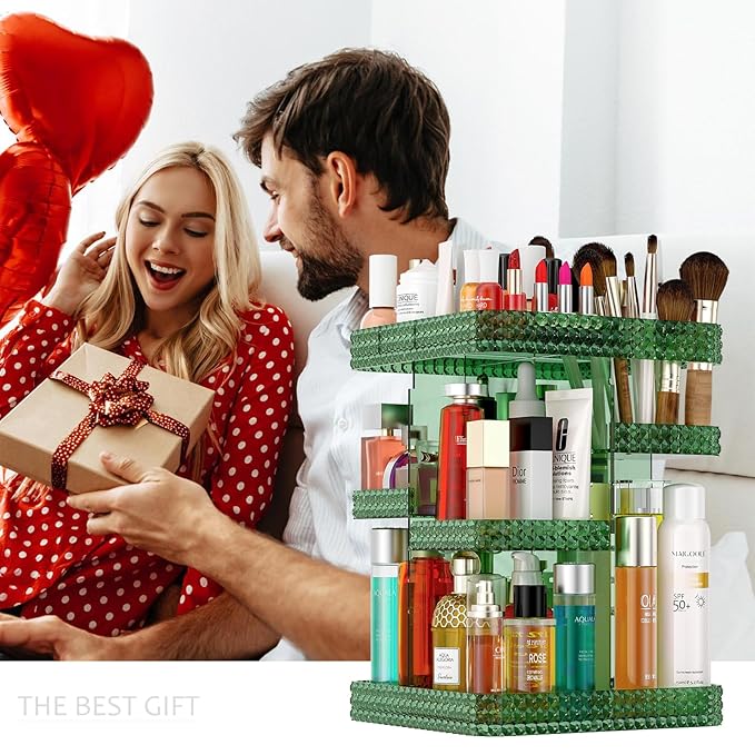 360 Rotating Makeup Organizer, Acrylic DIY Adjustable Bathroom Makeup Carousel Spinning Holder Rack, Large Capacity Cosmetics Storage Box Vanity Countertop, Skin-care Organizers (Green)