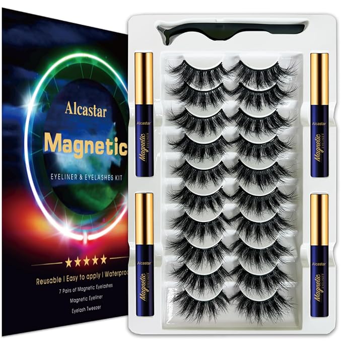Alcastar Magnetic Eyelashes with Eyeliner Kit, Magnetic Lashes Natural Looking with, Reusable,Long Lasting, Easy Apply,Cruelty-Free. (BT-100414)
