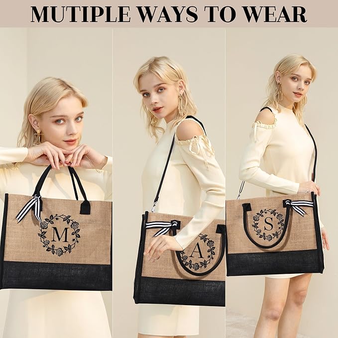 YOOLIFE Mothers Day Gifts - Initial Jute Tote Bag & Makeup Bag, Personalized Gifts for Women Mom Wife Teacher Friend Birthday