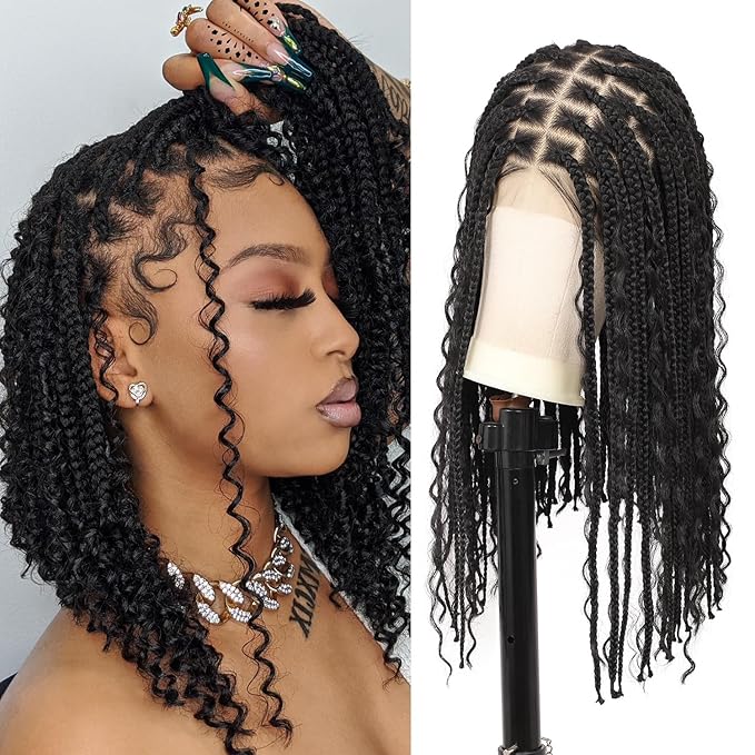 18" 13x8 Inch HD Lace Front Boho Box Braided Wigs Short Knotless Braid Wig for Women Full Braided Lace Front Wig With Baby Hair Balck Natural Color