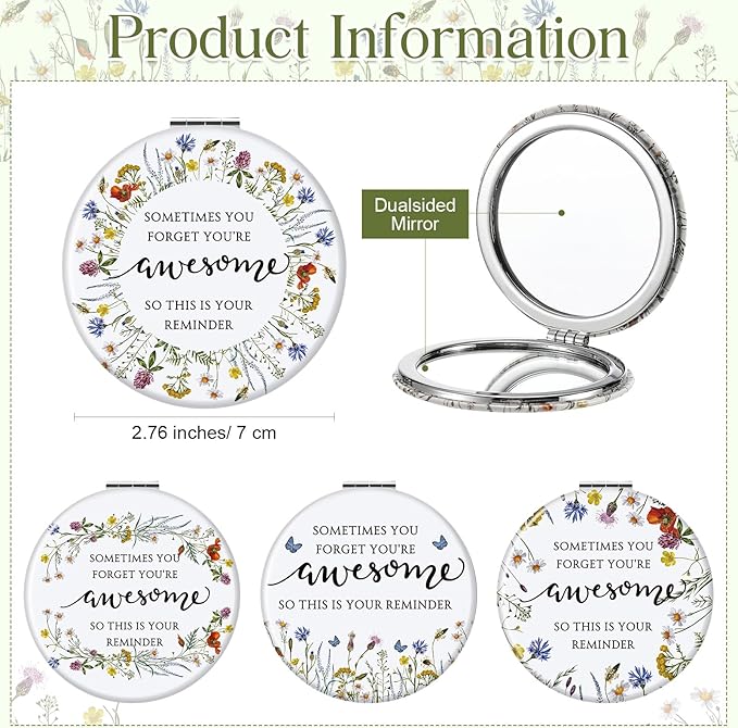 Geetery 12 Sets Mother's Day Inspirational Compact Mirror Gifts for Women Bulk Small Flower Makeup Pocket with Card Bag Double Sided Folding Mirror for Purse Wedding Return Bridal Shower, 4 Styles