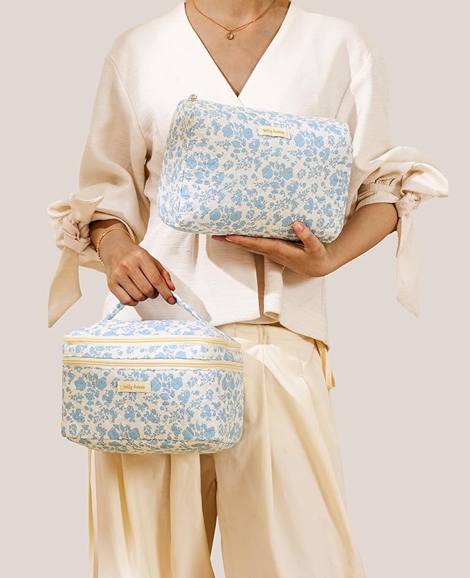 HBselect 2Pcs Travel Makeup Bag, Large Cotton Quilted Makeup Bag Cosmetic Bag Cute Make up Bag Toiletry Bags for Women Girls