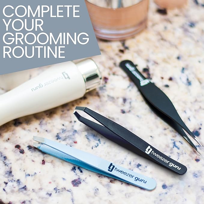 Tweezers Set 5-piece - Tweezer Guru Stainless Steel Slant Tip and Pointed Eyebrow Tweezer Set - Great Precision for Facial Hair, Ingrown Hair, Splinter and Blackhead Remover (Black) (5-Pack)