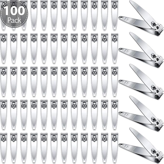Mudder 100 Pieces Nail Clippers Set Bulk for Men Women Ultra Sharp Stainless Steel Fingernail and Toenail Clippers Flat Portable Travel Fingernails Sturdy Trimmer Pointed Pedicure Manicure Care Tool