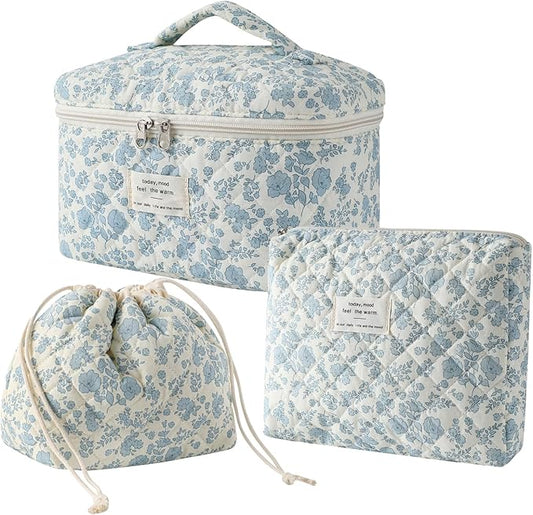 3pcs Large Cotton Quilted Makeup Bag Set,Coquette Aesthetic Cute Travel Toiletry Bag,Drawstring Gift Bag for Women and Girls(3Pcs Light Blue)