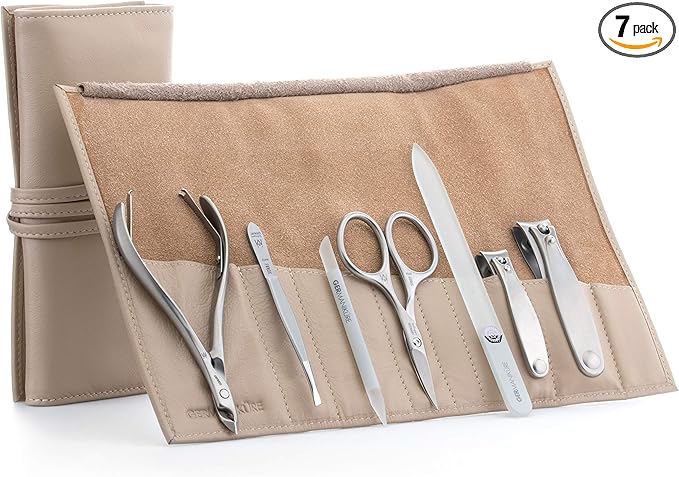 GERMANIKURE 7pc Manicure Set in Beige Leather Case - FINOX Stainless Steel Tools Made in Germany, Glass Nail Care Supplies Made in Czech Republic – Professional Cuticle and Nail Care Kit