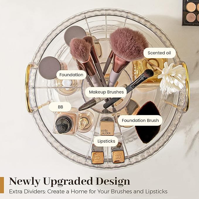 Aveniee 360 Rotating Makeup Organizer for Vanity, Upagraded Perfume Skincare Bathroom Counter Organizers with Brush Divider, Two Tier Spinning Lipstick Cosmetic Makeup Lotion Storage Organizer(White)