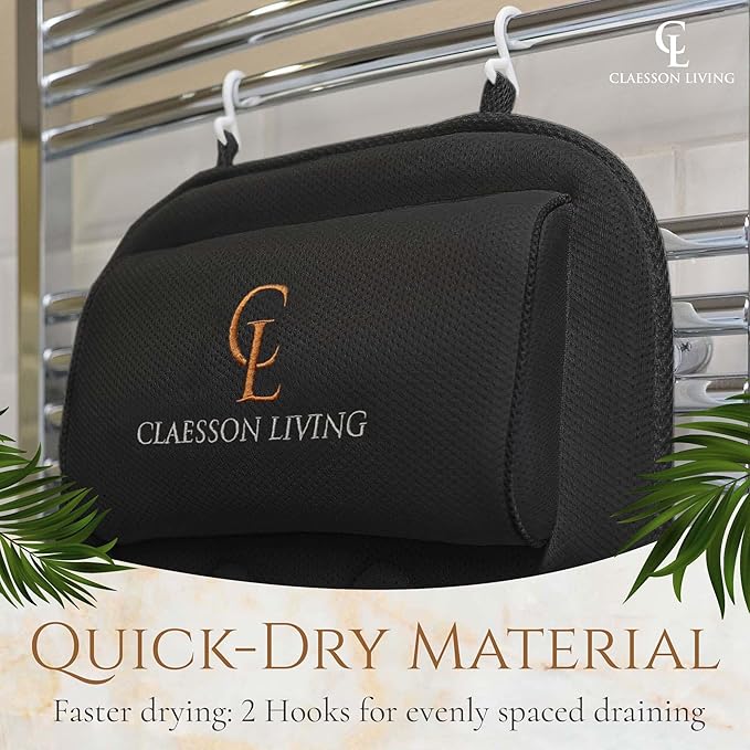 Full Body Bath Pillow (17'' x 49'') - Bathtub Cushion with Headrest Supports Neck, Back and Legs - Free Hanging Hooks for Fast Drying Over Tub - Includes Washing and Travel Bags - Black