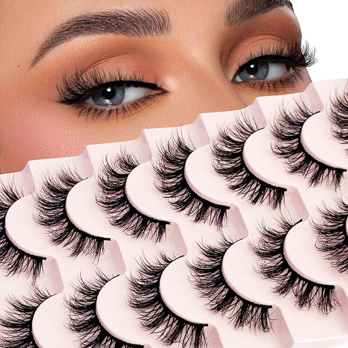 Short Lashes Natural Look Mink Lashes Fluffy Wispy Lashes Strips Russian D Curl NINGLASH False Eyelashes Cat Eye Lash that Look Like Extensions Fake Eyelash 14mm Faux 3D 7 Pairs Lash Pack