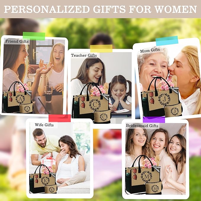 YOOLIFE Mothers Day Gifts - Initial Jute Tote Bag & Makeup Bag, Personalized Gifts for Women Mom Wife Teacher Friend Birthday