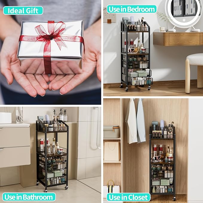 HapiRm Makeup Organizer Storage Cart - Floor Skincare Make Up Storage with 4 Drawers, Rolling Makeup Cart Vanity Organizer Cosmetics Display Cases Holder for Skin Care Perfume Nail Polish