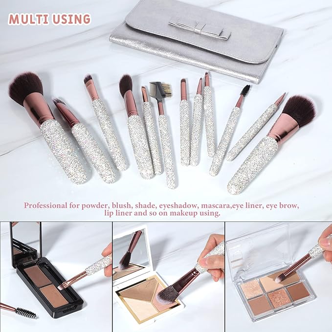Makeup Brushes Bling Crystal Professional Face Cosmetics Blending Liquid Foundation Powder Concealer Eye Shadows Make Up Beauty Tool Glitter with Pouch Bag Kit Purely Handmade (12PCS) (White)