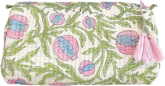 Block Print Designer Toiletry Bag & Makeup Case - Boho Floral Quilted Pouch for Cosmetics