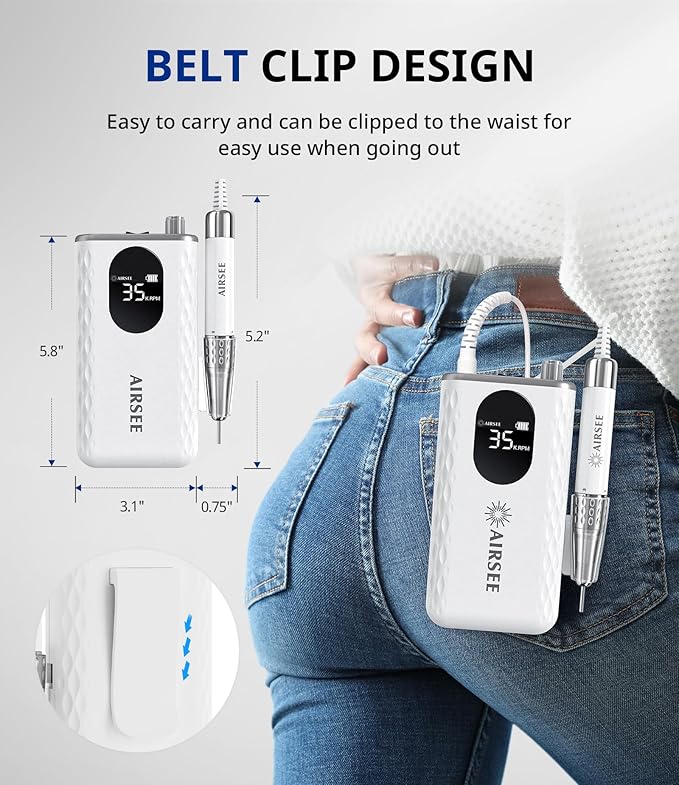 AIRSEE Updated Professional Nail Drill,Rechargeable Cordless Efile Machine for Acrylic Extension Gel Dip Powder Powerful Portable Efile 56 Sanding Bands 7 Bits,Low Noise Low Heat