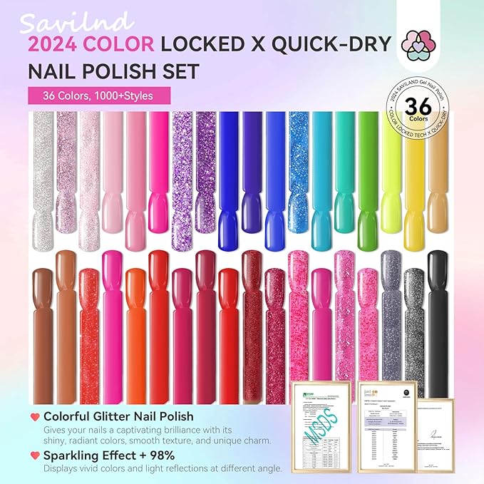 SAVILAND Nail Polish Set Fingernail Air-Dry: 36pcs Rainbow Colors Nail Polish Kit Glitter Regular Toenail Nail Polish with Base Top Polish Coat Nail Lacquer Acrylic Nail Set for Beginner Home DIY