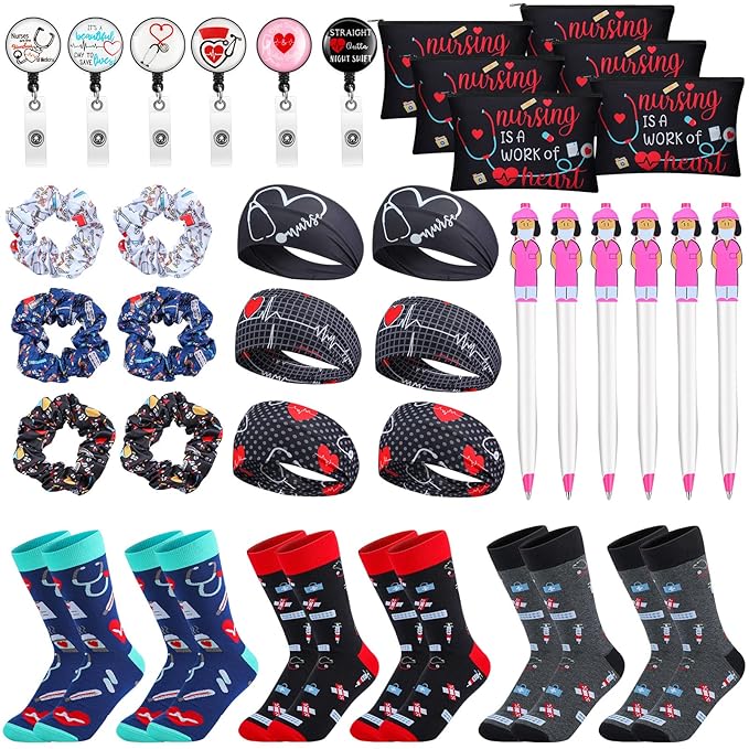 Colarr 36 Pcs Nurse Appreciation Gift Set Include Nurse Makeup Bag Nursing Headbands Hair Nurse Scrunchie Nurses Socks Nurse Ballpoint Pens Nurse Badge Holder Reel Nurse Week Day Gifts for Nurse