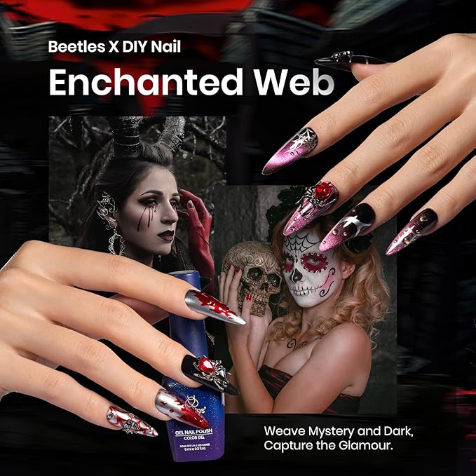 Beetles Gel Nail Polish Set, Red Black Cat Eye Gel Polish and Soild Nail Glue Kit -All in 1 Beetles X DIY nail with Chrome Nail Powder 5D Nail Stickers and Rings for Party Gift Holiday