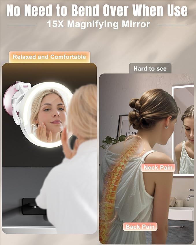 15X/1X Wall Mounted Magnifying Makeup Mirror with Power Suction Cup, Rechargeable Double Sided Regular HD/Magnification 3 Color Modes Adjustable Brightness Mirror with Lights for Bathroom, Travel