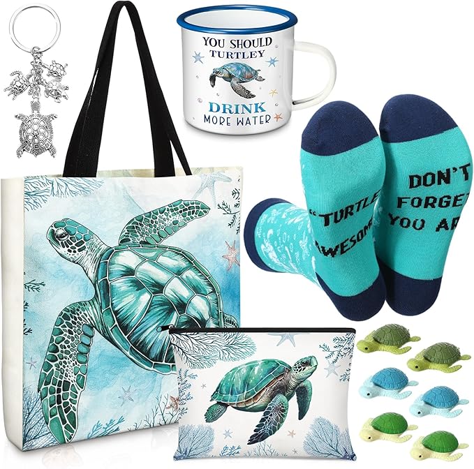 Animal Lover Gifts for Women Mother's Day Animal Themed Gifts for Mom Include Canvas Tote Bag, Makeup Bag, Socks, Keychain, Enamel Mug, Small Figurines(Sea Turtle)