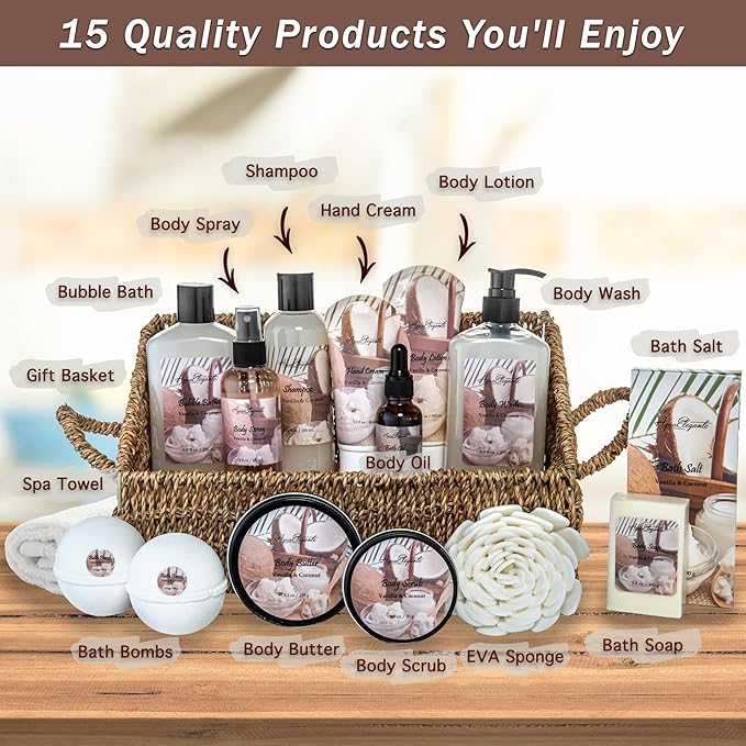 Bath Spa Gift Sets - Luxury Basket With Coconut & Vanilla - Spa Kit Includes Wash, Bubble Bath, Lotion, Bath Salts, Body Scrub, Shower Puff, Bathbombs, Soap and Towel