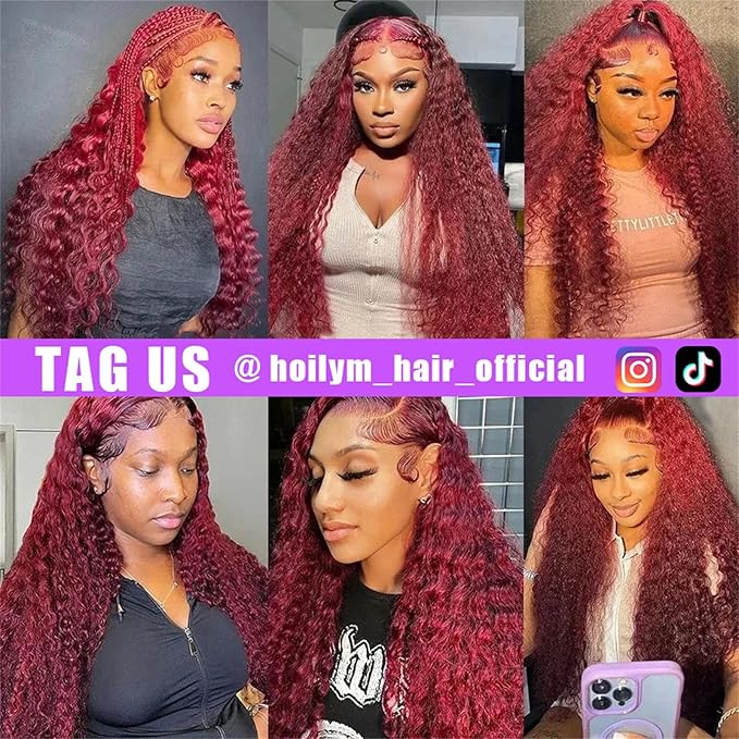 99j Burgundy Lace Front Wigs Human Hair 180%Density 13x4 Deep Wave Lace Front Wigs Human Hair Pre Plucked Wine Red Curly Wet Wavy Human Hair Wig HD Full Lace Frontal Glueless Wigs For Women 22 Inch