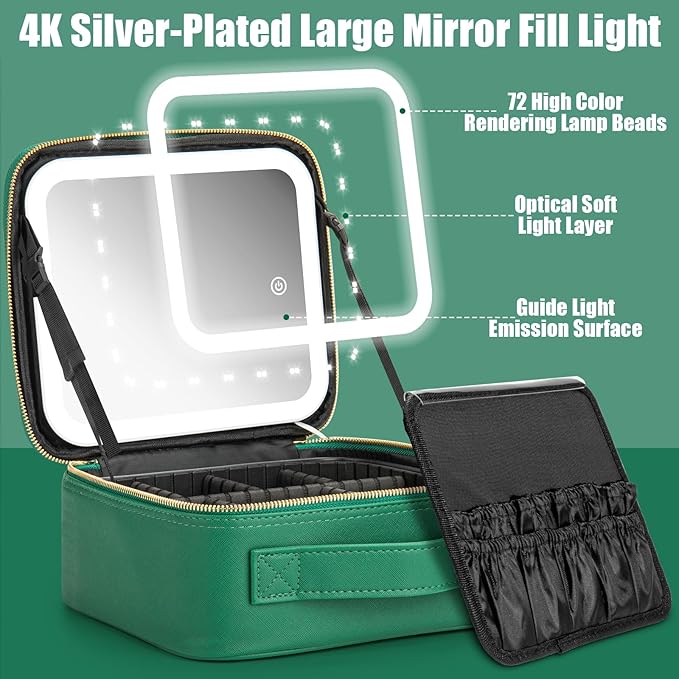 Makeup Travel Train Case with Mirror LED Light 3 Adjustable Brightness Cosmetic Bag Portable Storage Adjustable Partition Waterproof Makeup Brushes Makeup Jewelry Gift for Women