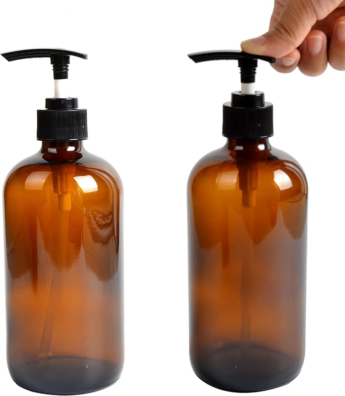 Youngever 6 Pack Empty Glass Pump Bottles, 2 Pack 16 Ounce and 4 Pack 8 Ounce Pump Bottles, Soap Dispenser, Refillable Containers (Amber)