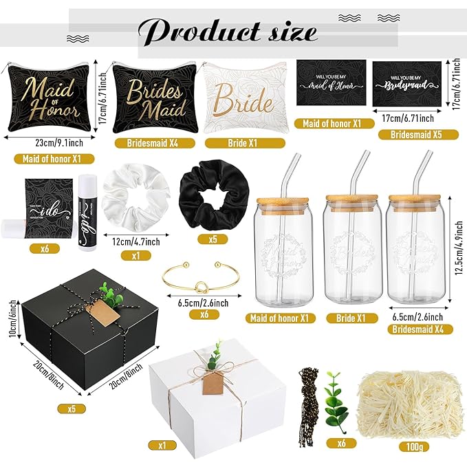 54 Pcs Bridesmaid Proposal Gifts Bridesmaid Box Set Include Bridal Shower Gift Box Makeup Bag Invited Card Glass Cup Lip Balm Scrunchie Hair Knotted Bracelet for Maid of Honor(Black, White)