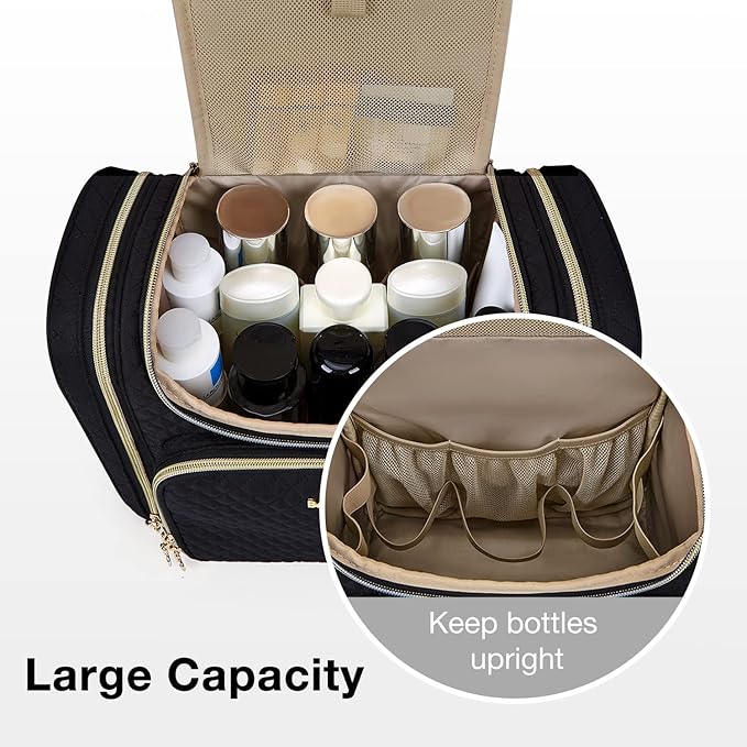 BAGSMART Toiletry Bag, Travel Toiletry Bag for Women, Water-resistant Cosmetic Makeup Bag, Large Capacity Door Room Essentials Travel Organizer for Full Sized Toiletries and Cosmetics, Black