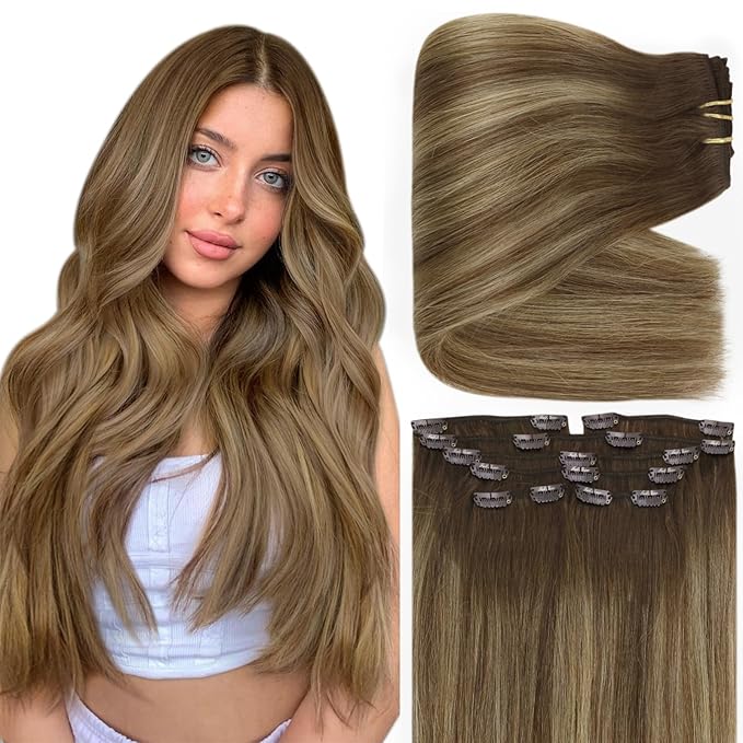 Full Shine 22 Inch Invisible Clip in Hair Extensions Human Hair Ombre Brown Clip in Human Hair Extensions Medium Brown Balayage Honey Blonde Thick Hair Extension 7 Pcs 150 G
