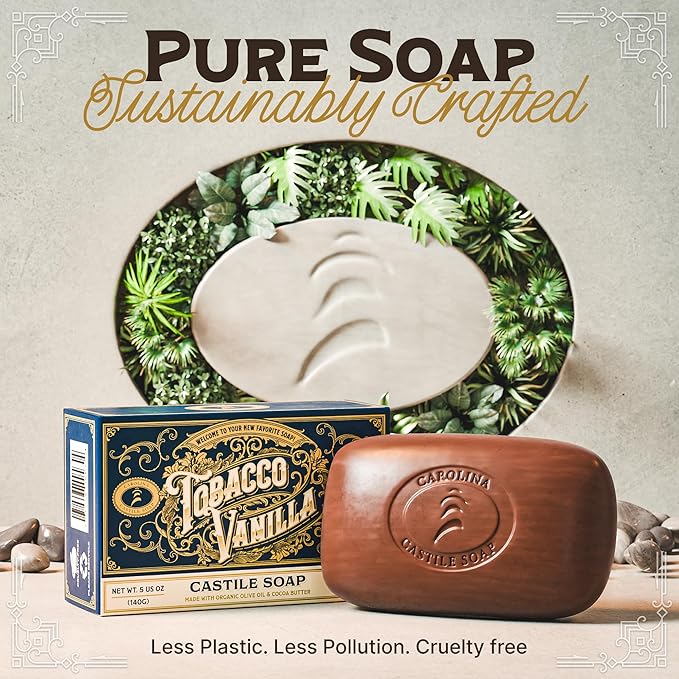Body Wash Castile Soap Bar for Sensitive Skin – Long Lasting Natural Bar Soap for Men w/Olive Oil and Cocoa Butter - Vegan Tobacco Vanilla Scented by Carolina Castile, 5 oz Each