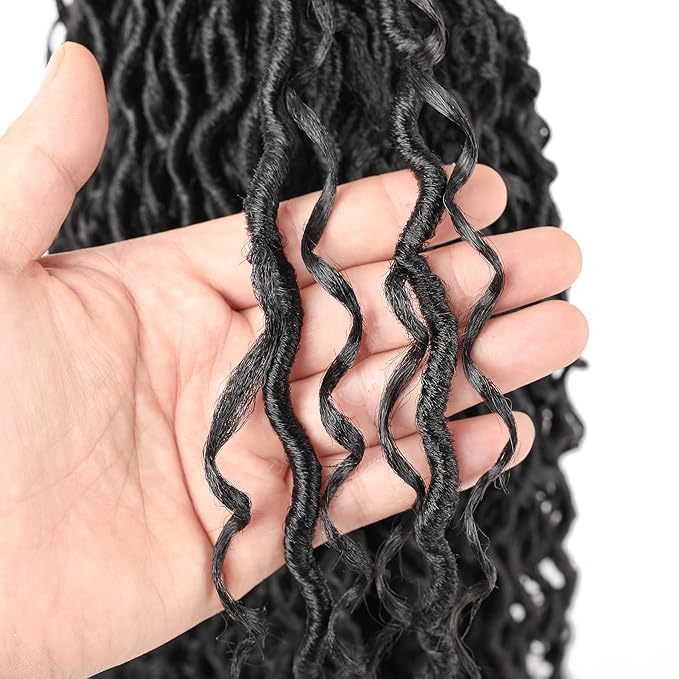 Aipin Goddess Locs Crochet Hair 18 Inch Boho River Locs Hippie Locs Wavy Crochet With Curly Hair In Middle And Ends Braids Hair Extensions (7Packs,18 inch, 1B)